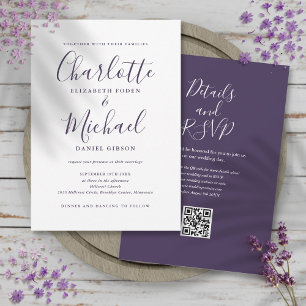 Lila elegante Schrift QR-Code Hochzeit Einladung