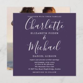 Lila, elegante Script-Hochzeit Foto Einladung