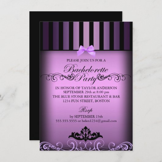 Lila eleganter Streifen-Junggeselinnen-Abschied Einladung (Vorne/Hinten)