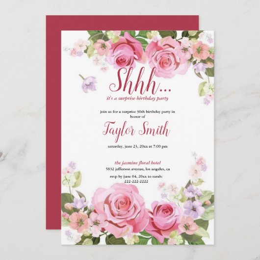 Lila elegantes Floral Surprise Party Einladung (Vorne/Hinten)