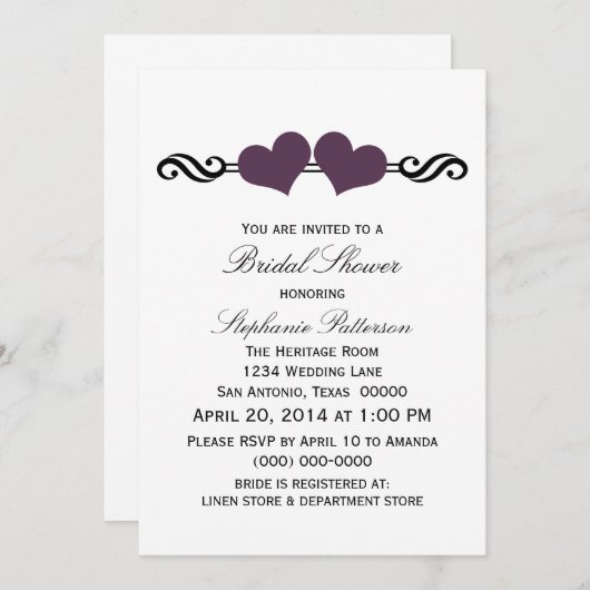 Lila Elegantes Herz Brautparty laden ein Einladung (Vorne/Hinten)