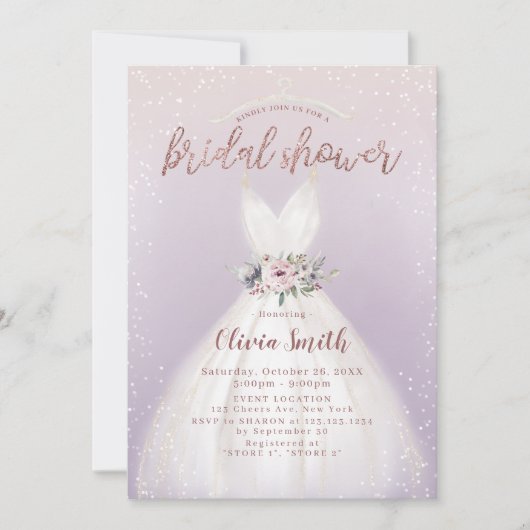 Lila elegantes Hochzeitskleid Brautparty Einladung (Vorderseite)