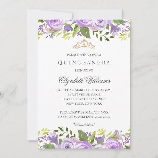 Lila elegantes Wasserfarbenspiel Quinceanera Einladung (Vorderseite)