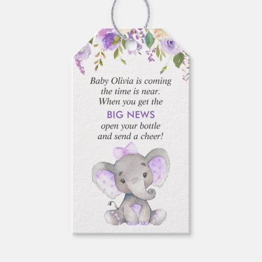 Lila Elephant Baby Girl Dusche Mini Flasche Gefall Geschenkanhänger (Vorderseite)