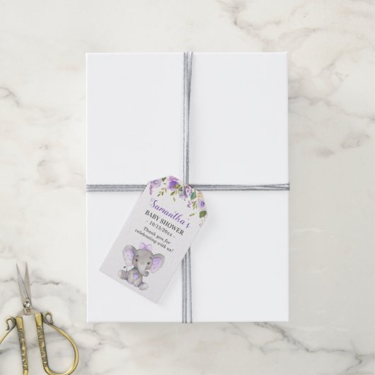 Lila Elephant Baby Girl Dusche Sprinkle Gefallen Geschenkanhänger (Mit Garn)