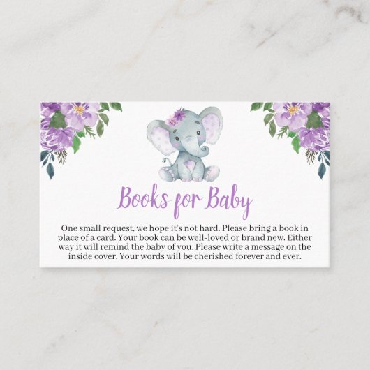 Lila Elephant Baby Shower Books Visitenkarte (Vorderseite)