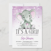 Lila Elephant Girl Baby Dusche Einladung (Vorderseite)