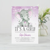 Lila Elephant Girl Baby Dusche Einladung (Stehend Vorderseite)