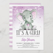 Lila Elephant Girl Baby Dusche Einladung (Vorne/Hinten)