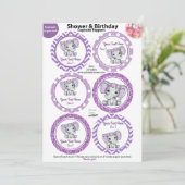 Lila Elephant Girl Cupcake Toppers, Babydusche Einladung (Stehend Vorderseite)