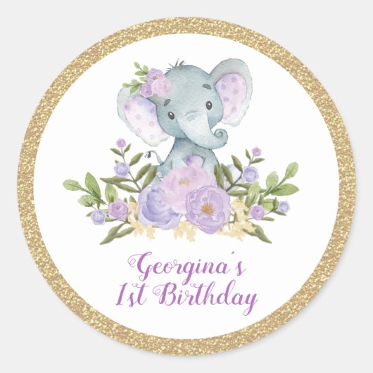 Lila Elephant Lavender Gold Floral Vielen Dank Runder Aufkleber (Vorderseite)