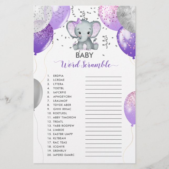 Lila Elephant Watercolor Baby Word Scramble (Vorderseite)
