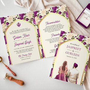 Lila Elfenbein Blumen Sikh Hochzeit Overall Einladung