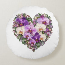 Lila Elfenbein-Orchideen-Blumen-Herz-Runde Kissen