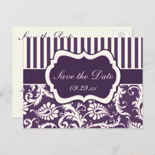 Lila, Elfenbein, rosa Damaskus Save the Date Karte (Vorne/Hinten)