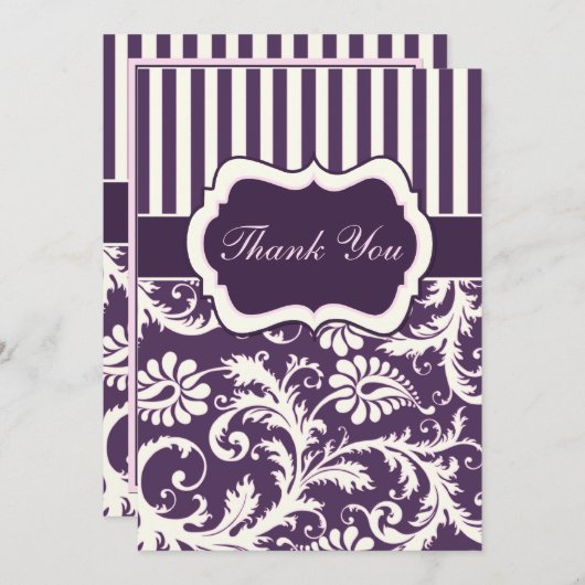 Lila, Elfenbein, rosa gestreifter Damast Dankeschö Dankeskarte (Vorne/Hinten)