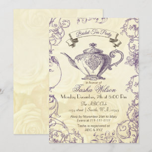 Lila Elfenbein-Rosen Vintage-Bridal-Tea-Einladunge Einladung