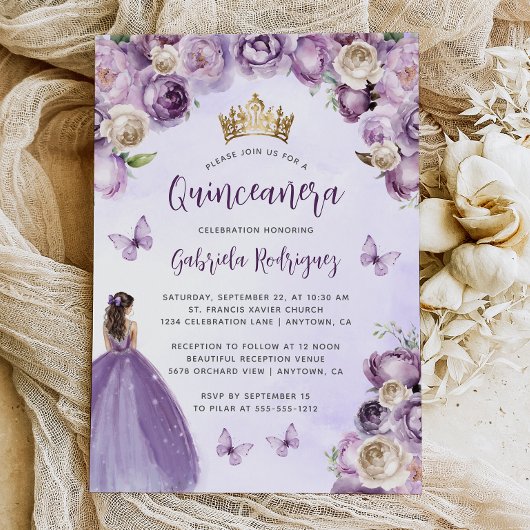 Lila Elfenbeingoldflorenwasser Quinceñera Einladung