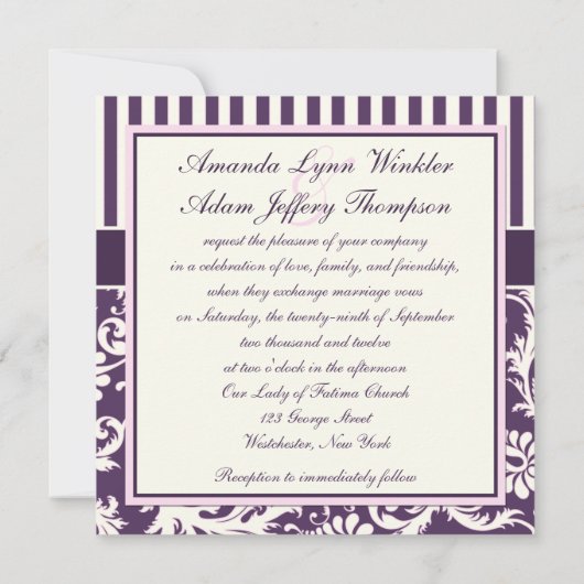 Lila, Elfenbeinküche, rosa gestreift Damaskus Einl Einladung (Rückseite)