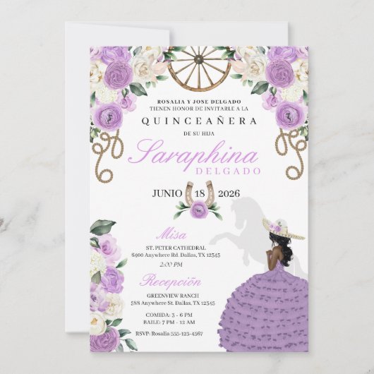 Lila & Elfenbeinküste Rose Western Cowgirl Quincea Einladung (Vorderseite)