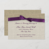 Lila Empfang Ribbon und Burlap Einladung (Vorne/Hinten)