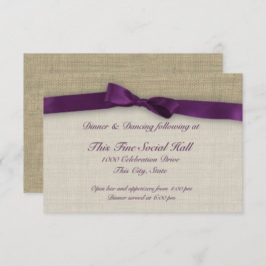 Lila Empfang Ribbon und Burlap Einladung (Vorne/Hinten)