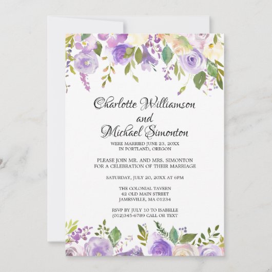 Lila Empfang zur Entfaltung der Elfenbeinflora Ein Einladung (Vorderseite)