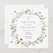 Lila empfindliche Wildblume Taufe Einladung (Vorne/Hinten)