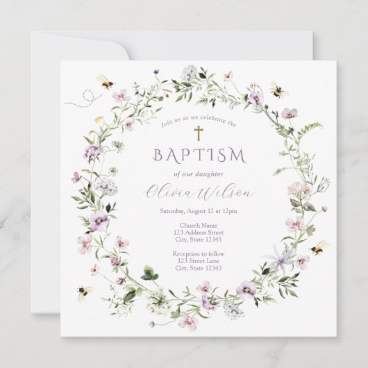 Lila empfindliche Wildblume Taufe Einladung (Vorderseite)