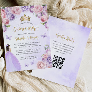 Lila Erröten Floral Gold QR Code Quinceañera Einladung