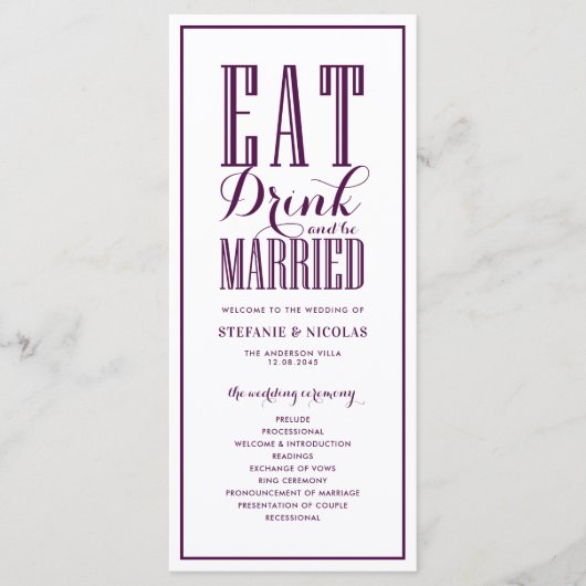 Lila essen Drink und Verheiratet Hochzeit sein Programm (Vorderseite)
