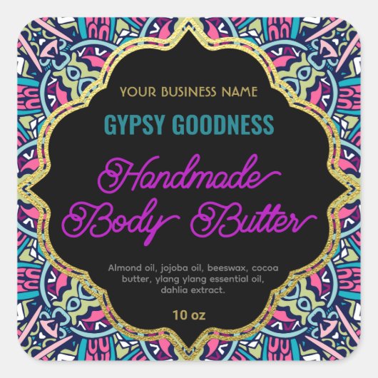 Lila Ethnic-Ornamental-Rahmen-Label Quadratischer Aufkleber (Vorderseite)