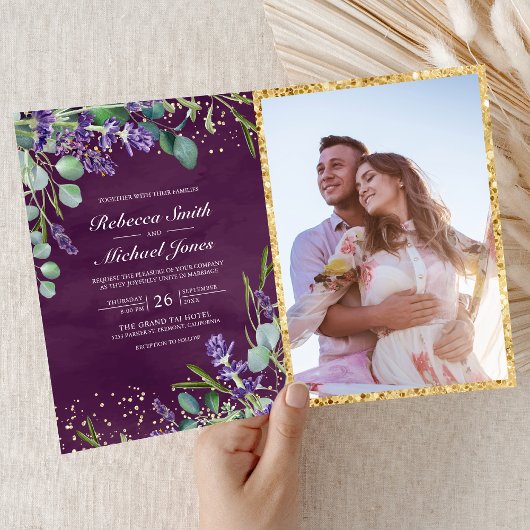 Lila Eukalyptus Violette Foto QR Code Hochzeit Einladung