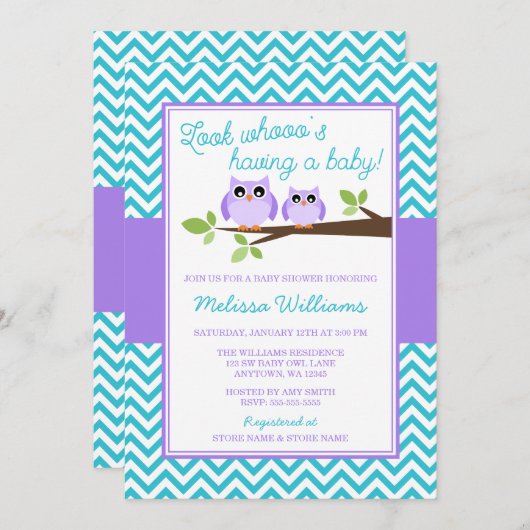 Lila Eule Aquamarin Zickzack Girl Baby Dusche Einladung (Vorne/Hinten)