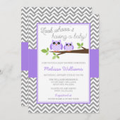 Lila Eulen-graue Zickzack Mädchen-Baby-Dusche Einladung (Vorne/Hinten)