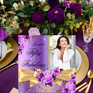 Lila Fabulous 50 Foto Gold Rose Bow Geburtstag Einladung