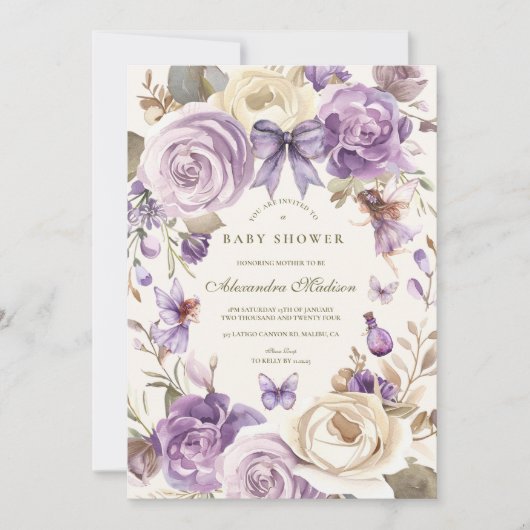 Lila Fairy Woodland Girl Babydusche Einladung (Vorderseite)