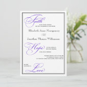 Lila Faith Hope Liebe Skript Hochzeit Einladung (Stehend Vorderseite)