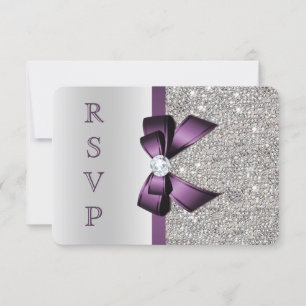 Lila Falscher Bow Silberne Pailletten Diamant RSVP Karte