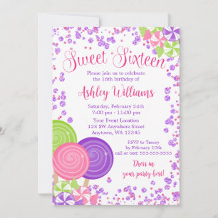 Lila Falscher Glitter Candy Thema Sweet 16 Einladung