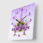 Lila Fantasie und goldener SterneUnicorn Quadratische Wanduhr (Winkel)