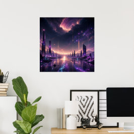 Lila Fantasy-Stadtlandschaft Wandkunst Dunkle Scie Poster
