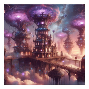 Lila Fantasy Steampunk City Fotodruck
