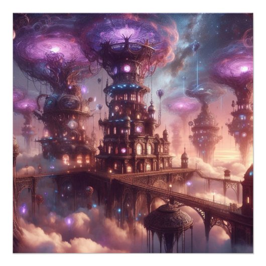 Lila Fantasy Steampunk City Fotodruck (Vorne)
