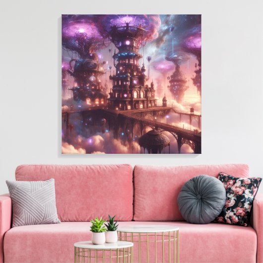 Lila Fantasy Steampunk City Leinwanddruck (Insitu (Wohnzimmer))