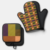 Lila Farbblock mit braunem grünem Pfirsichpfirsich Ofenhandschuh & Topflappen-Set (Vorderseite/Rückseite)