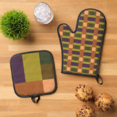 Lila Farbblock mit braunem grünem Pfirsichpfirsich Ofenhandschuh & Topflappen-Set (Oben Unten)