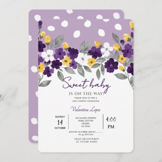 Lila | Farbige Blume Kinderdusche Einladung (Vorne/Hinten)