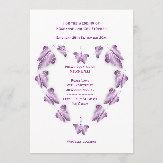 Lila farbige Butterflies-Hochzeit Menükarte (Rückseite)