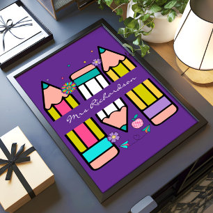 Lila Farbige Lehrerin Cartoon Bleistift-Poster Poster